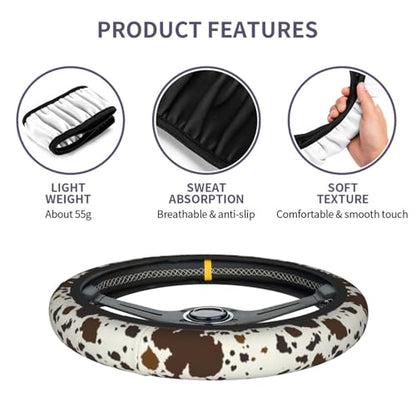 Brown Western Cow Print Steering Wheel Cover for Women Men with 2 Pcs Car Coasters, 15 Inches Neoprene Anti-Slip Cute Universal Car Accessories Protective Cover for Vehicle - color: Brown Cow Print