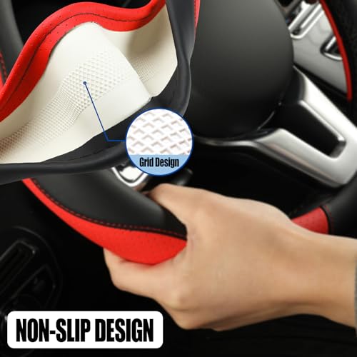 Microfiber Leather Steering Wheel Cover, Breathable, Anti Slip, 13.5 inch to 14 inch, Black with Red - color: Black Red, size: Round-Small[13.5''-14'']