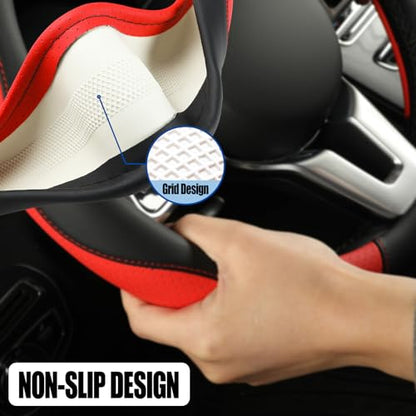 Microfiber Leather Steering Wheel Cover, Breathable, Anti Slip, 13.5 inch to 14 inch, Black with Red - color: Black Red, size: Round-Small[13.5''-14'']