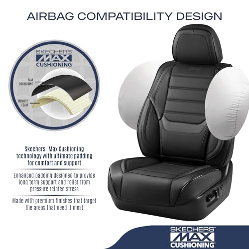 Skechers MAX Cushioning Seat Covers,Memory Foam Leather Car Seat Covers,Waterproof Car Seat Protector Front Seats,Car Seat Cushion Airbag Automotive Universal Fit for Most Cars,Vans,Trucks,SUV,Black