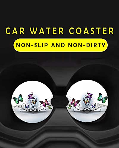 2 Pack Universal Ceramic Car Coasters Colorful Butterflies Abstract,Ceramic Stone with A Finger Notch for Easy Removal of Car Cup Holder Coaster - color: Colorful Butterflies Abstract