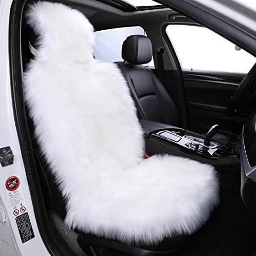 1Pc Faux Sheepskin Wool Fur Car Seat Cover for Cars SUV Trucks Universal Fit, Soft Plush Synthetic Wool Buck Fur Car Seat Cushions by FLMaples (White) - color: White