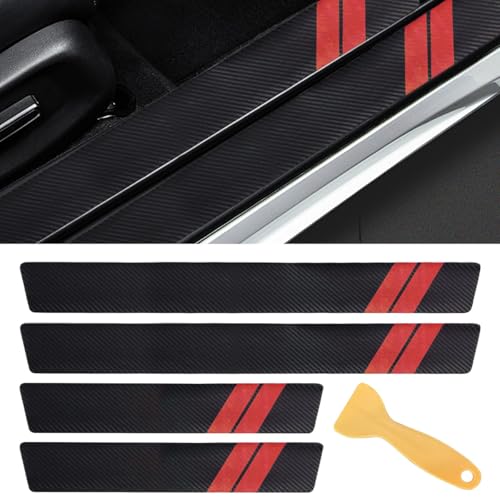 Car Door Sill Protector, Carbon Fiber Texture Threshold Sticker, Car Door Edge Guard with Scraper, Front/Rear Car Door Sill Protector Strip, Door Entry Guard Decoration Accessories (Red, 5PCS) - color: Red