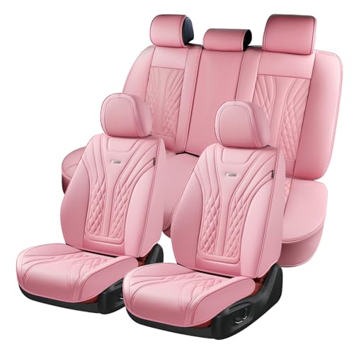 Coverado Car Seat Covers Full Set, Automotive Front and Rear Seat Covers with Backrest, Nappa Leather Car Seat Protectors Waterproof, Universal for Most Vehicles - color: Pink, size: FullSet