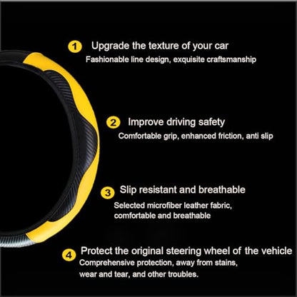 Ultra Fine Carbon Fiber Leather Steering Wheel Cover, Anti Slip and Sun Protective Protect The Steering Wheel, Easy to Install,Universal of 14.5"-15" (Yellow) - color: Yellow