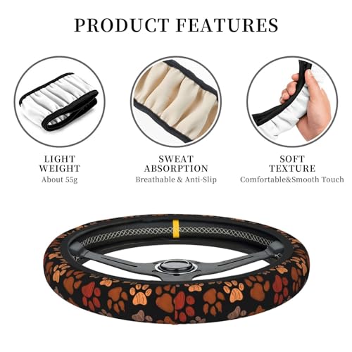 Dog Cat Paw Print Steering Wheel Cover Anti-Slip,Sweat Absorption Universal 15 inch Steering Wheel Covers Cute car Accessories for Men Women - color: Brown