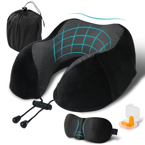 Travel Pillow, Memory Foam Neck Pillow for Traveling, U Shape Neck Pillow Airplane Portable Flight Pillow Travel Kit with 5D Contoured Eye Masks and Earplug for Plane Train Car Home Office - color: Black
