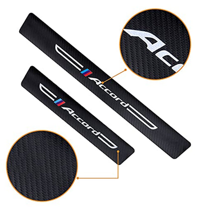 4PCS Carbon Fiber & Textured Leather Car Door Sill Protectors, Compatible with Accord, Black, Vehicle Specific Fit, Screw-In, Front & Rear Lower Door Threshold Guards