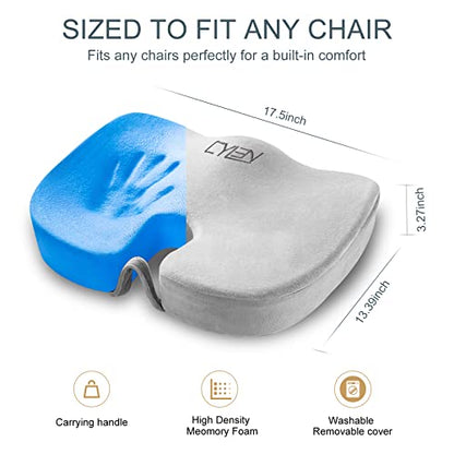CYLEN Home Office Seat Cushion - Comfort Memory Foam Chair Cushion with Cooling Gel Infused for Tailbone, Coccyx, Back & Sciatica Pain Relief (Grey) - color: Grey