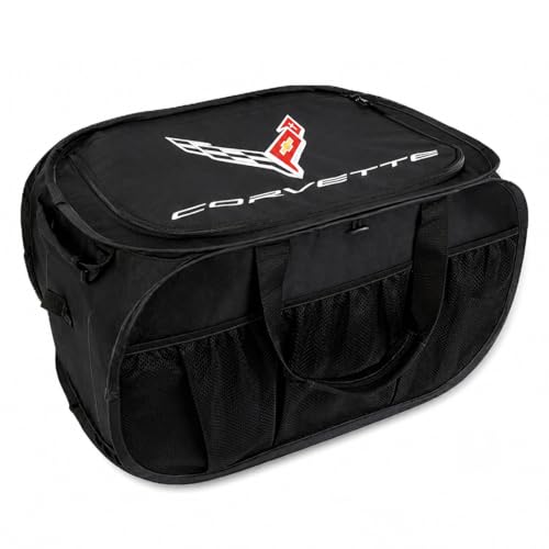 SR1 Performance USA C8 Corvette Trunk Organizer – Expandable Pop Up Collapsible Cargo Storage Caddy for 2020-2026 Chevrolet Corvette Stingray, Z06 & E-Ray – Black with Crossed Flags Logo - color: C8 Corvette