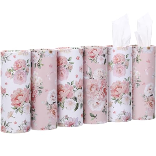 Ctosree 300 Sheets Spring Car Tissues Holder with Facial Tissues 3-ply Travel Tissue Tubes 6pk Floral Cylinder Box Container Fit for Car Cup Holder Office Decoration, 7.1 Inch(Champagne,White) - color: Champagne,White