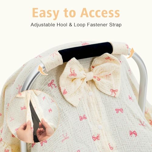 Baby Car Seat Cover for Girls,100% Muslin Cotton Breathable Infant Car Seat Canopy with Cute Bow & Elegant Ruffle, 360° Privacy Nursing Cover, Stroller Cover Protection from Sunlight Dust - color: Bow