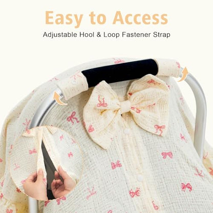 Baby Car Seat Cover for Girls,100% Muslin Cotton Breathable Infant Car Seat Canopy with Cute Bow & Elegant Ruffle, 360° Privacy Nursing Cover, Stroller Cover Protection from Sunlight Dust - color: Bow