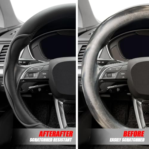 Nappa Leather Steering Wheel Cover. Stylish Striped Design, Universal fit for 14.5–15-inch Steering Wheels, Slip-Resistant and Breathable, Protects the Steering Wheel. Black - color: Black