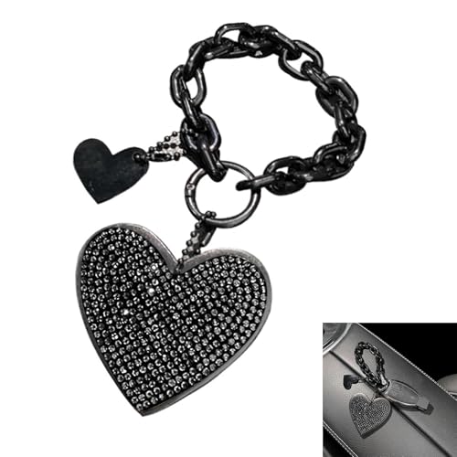 Cute Heart Keychain, Pretty Bling Key Chain Accessories, Sparkling Diamond-Studded Microfiber Leather Car Keyring Wristlet - color: Black