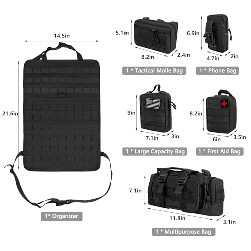 Tactical Car Seat Back Organizer Bag - Tactical Molle Vehicle Organizers Panel with 5 Detachable Pouches for Car Truck Ford Jeep Vehicle (Black Regular)