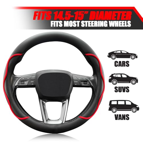 Nappa Leather Steering Wheel Cover. Stylish Striped Design, Universal fit for 14.5–15-inch Steering Wheels, Slip-Resistant and Breathable, Protects the Steering Wheel. Black and red - color: Black and red