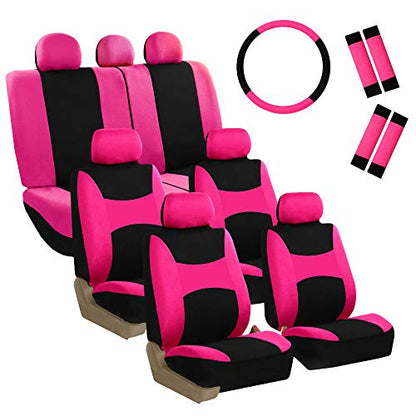 FH Group Light & Breezy Cloth Car Seat Covers, 7 Seater Three Row Set- Airbag & Split Ready -Universal for Cars Trucks and SUVs (Pink/Black) - color: Pink Black