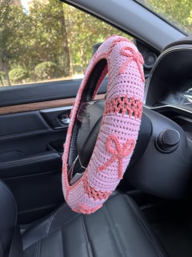 Handmade Crochet Pink Bow Car Steering Wheel Covers Universal 14-15 inch,Cute Steering Wheel Cover,Car Accessories (A,Steering Wheel Cover) - color: A,steering Wheel Cover