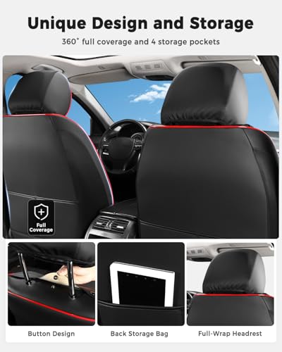 Huidasource Car Seat Covers Full Set, Leather Seat Cover Universal Fit for Most Cars Sedans SUVs Trucks, Airbag Compatible, Cup Holder Access, Easy Install, Wipes Clean, Wear-Resistant, Black&Red - color: A-Black&Red, size: 5pcs Full Set