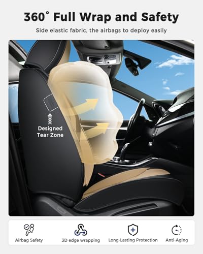 Huidasource Seat Covers Full Set, Universal Fit for Most Cars SUV Trucks, Full Coverage Leather Seat Cover, Airbag, Cupholder Compatible, Seat Function Retain, Easy Install with Velcro, Black & Beige - color: FS: Black&Beige, size: Full Set