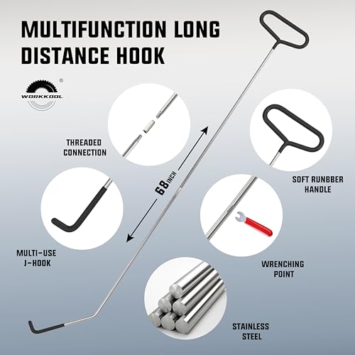 26PCS Car Tool Kit with Stainless Steel Assorted 5th Wheel Pin Puller,68 inches Long Distance Puller Hook, Air Wedge and Magnetic Pickup Tool with Flashlight