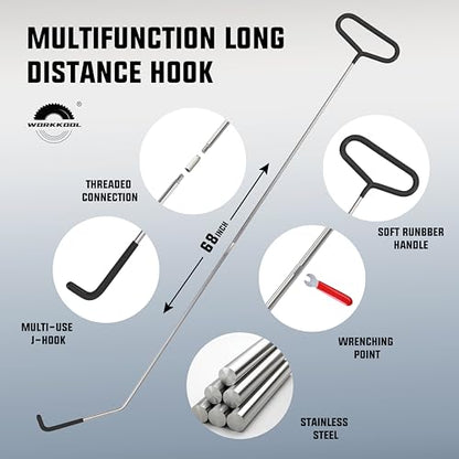 26PCS Car Tool Kit with Stainless Steel Assorted 5th Wheel Pin Puller,68 inches Long Distance Puller Hook, Air Wedge and Magnetic Pickup Tool with Flashlight