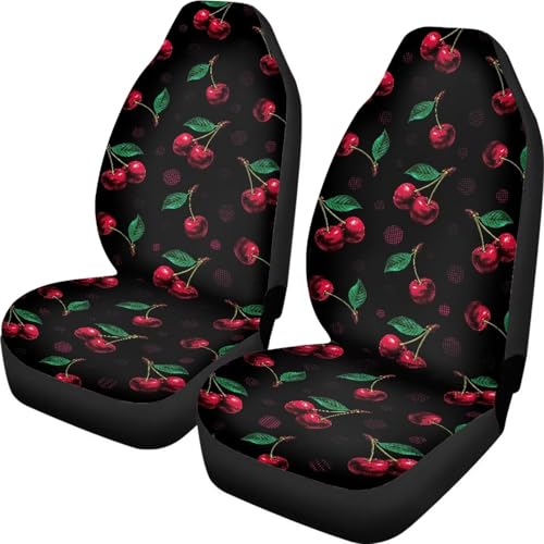 Cherry Print Car Seat Covers Full Set of 2, Cloth Seat for Auto Front Seats, Black Bucket Seat Covers for Cars Washable and Breathable Car Accessories for Sedan Truck SUV - color: Cherry Print