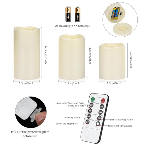 Flameless Candles 4" 5" 6" Outdoor Indoor Pillars Battery Operated Flickering Candles Include 10-Key Remote Timer 400+ Hours by 2 AA Batteries (Ivory Candle - Warm light, 3"D x 4"|5"|6" H - 3 Pack)