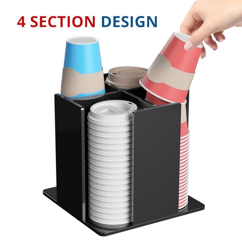 Cup and Lid Holder, 4 Compartment, Square | Rotating Coffee Cup Dispenser Lid Carousel for Restaurant, Buffet, Coffee Station, Bar, Countertop, Black Acrylic
