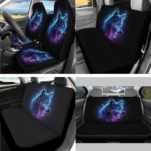 Wolf Lighting Print Blue Black 15 Pcs Car Seat Cover Set, Universal Car Accessory Set Front Rear Seat Covers Seat Belt Covers Steering Wheel Cover Car Coaster Car Headrest Cover - color: Wolf Lighting Print Blue Black
