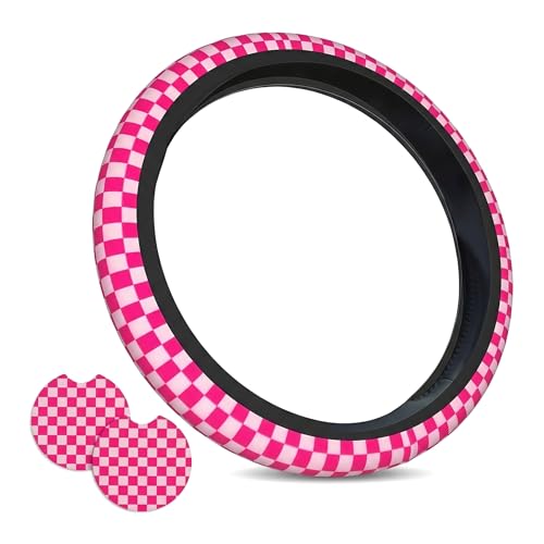 Pink Checkered Steering Wheel Cover Checkered hot Pink Steering Wheel Cover of Wome Anti-Slip Breathable Universal 14-15 Inch Car with 2 Pcs Car Coasters Suitable Men Women - color: Checkered Pink