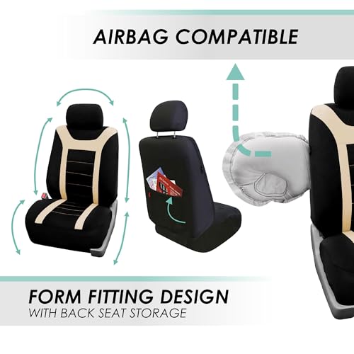 FH Group Car Seat Covers Sports Seat Covers Front Seats Only, Airbag Compatible Beige Black Automotive Seat Cover Combo Small Car Seat Cover Design Universal Fit Interior Accessories Cars Trucks SUVs - color: Beige