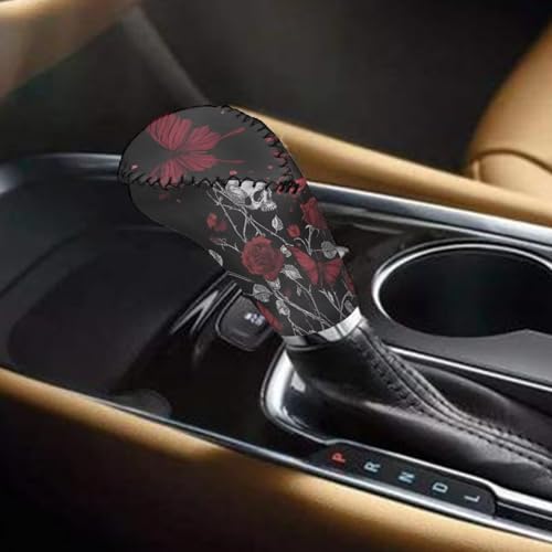 Skull Rose Print 2 Pcs Car Shift Knob Cover Handbrake Cover Set, Stretchy Car Gear Shift Knob Cover and Auto Selector Handball Collar Vehicle Interior Accessories - color: Skull Rose