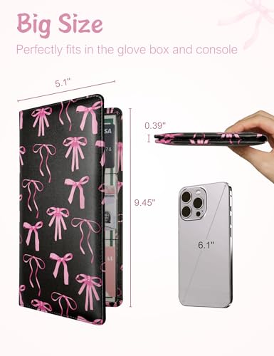 Mymazn Car Registration and Insurance Holder, PU Leather Glove Box Car Organizer with Magnetic Closure, Car Document Holder for Driver's License & Essential Documents (Pink Bow) - color: Pink Bow
