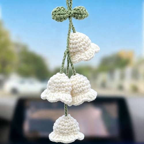 Car Mirror Hanging Accessories - Handmade Knitted Lily Flower Pendant, Cute Crochet Hanging Decor for Rearview Mirror, Women's Car Interior Decoration (1 PCS, White) - color: White-4