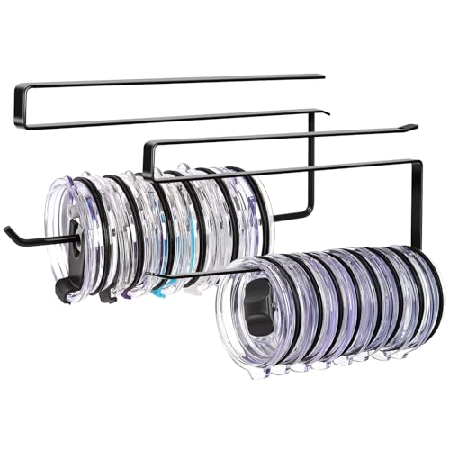 2 Pack Tumbler Lid Organizer, Horizontal Tumbler Lid Storage Hook Up to 20 Lids, Space Saving Cup Lid Holder Under Cabinet Tumbler Lid Hook for Kitchen Organizer, Paper Towel Hanger(Round&Flat, Black) - color: Black, size: 2 Pack(Round&Flat)
