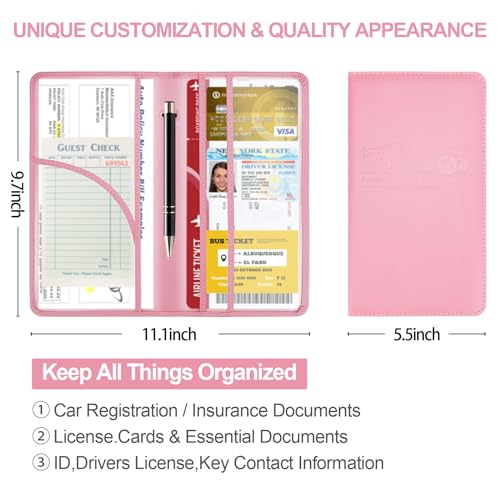 PLOJOP Car Registration and Insurance Card Holder, Leather License Document Pink Glove Box Compartment Organizer, Car Wallet Case for Essential Info, License Cards, ID Card - color: Pink