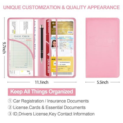 PLOJOP Car Registration and Insurance Card Holder, Leather License Document Pink Glove Box Compartment Organizer, Car Wallet Case for Essential Info, License Cards, ID Card - color: Pink