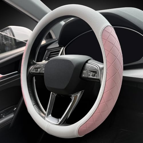 LKWLIKEI Nappa Leather Steering Wheel Cover,Elegant Diamond Checkered Design, Non-Slip wear-Resistant, Enhance Driving Comfort, Suitable for Steering Wheel Diameter 14 1/2‘-15’ Models.White and Pink - color: White and pink