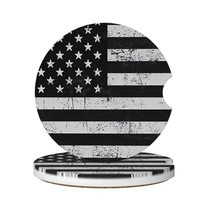Absorbent Ceramic Car Coasters for Cup Holders, Black White American Flag Design 2.56" Anti Slip Universal Drink Cup Coasters for Women Men (2 Pack) - color: Black White American Flag
