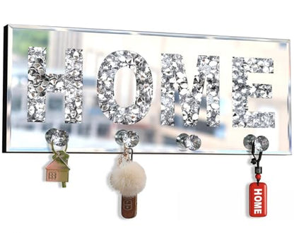 Crush Diamond Mirrored Home Letter Plaque Sign for Wall Decor, Crystal Clear Hooks Key Holder Key Hanger, Silver Mirror Decoration Wall Art, Wall Mounted Home Decor 15"×5.9"×1.6"