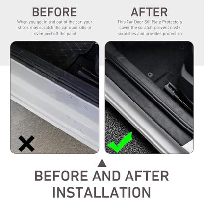 4 PCS Car Door Sill Protectors, Carbon Fiber Anti-Scratch Strip with Flat Shovel, Waterproof Door Threshold Protective Trim, Universal Self-Adhesive Exterior Accessory for Cars (Black)