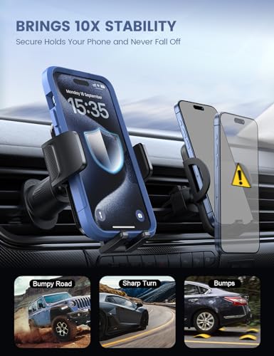Lamicall 2026 Wider Clamp & Metal Hook Car Phone Holder Vent [Thick Cases Friendly] Phone Holders for Your Car Mount Automobile Hands Free Cradle Air Vent for iPhone 17 16 15 Pro Max Lucite Black