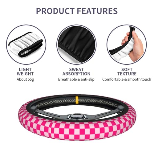Pink Checkered Steering Wheel Cover Checkered hot Pink Steering Wheel Cover of Wome Anti-Slip Breathable Universal 14-15 Inch Car with 2 Pcs Car Coasters Suitable Men Women - color: Checkered Pink