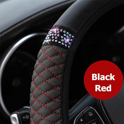 Osilly Bling Car Steering Wheel Cover, 15 Inch Rhinestones Soft Leather Elastic Steering Wheel Protector, Sparkly Crystal Diamond for Women Girls (Black/Red) - color: Black/Red