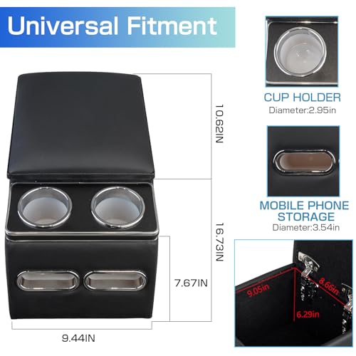 Center Console Organizer Armrest Storage Box with Cup and Phone Holder for Car & Van & Truck Floor Cab Back Bench Seat Black