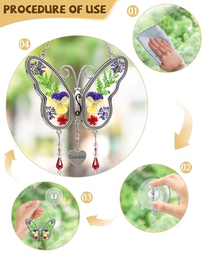 Butterfly Suncatcher Grandma Stained Glass Sun Catcher for Windows Hangings Ornament with Pressed Real Flower Wings in Glass and Metal Heart Charm Birthday Gift for Women Mothers Day Christmas - style: Grandma