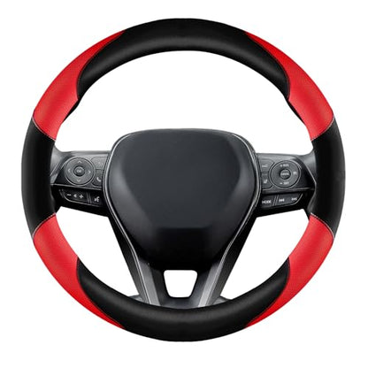 Soft Leather Steering Wheel Cover with Breathable Design and Anti-Slip Grip, Specially Designed for 14.5-15.2 inch Circular Steering Wheels - color: DOUBLE-RED