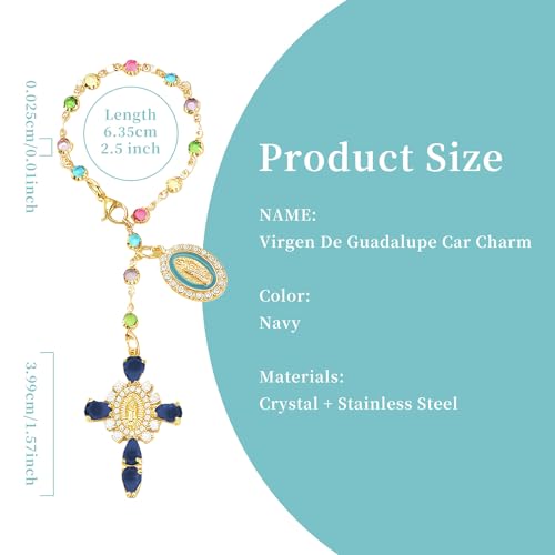 Virgen De Guadalupe Car Charm - Steering Wheel Accessory & Rearview Mirror Hanging, Cross Pendant Automotive Protection Decor - color: Gold-navy